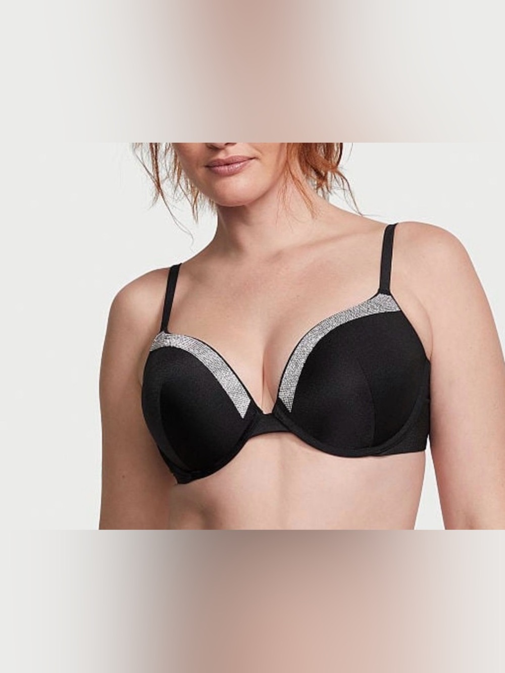 Victorias Secret Bikini Top Black Plunge with Silver Trim 34DD